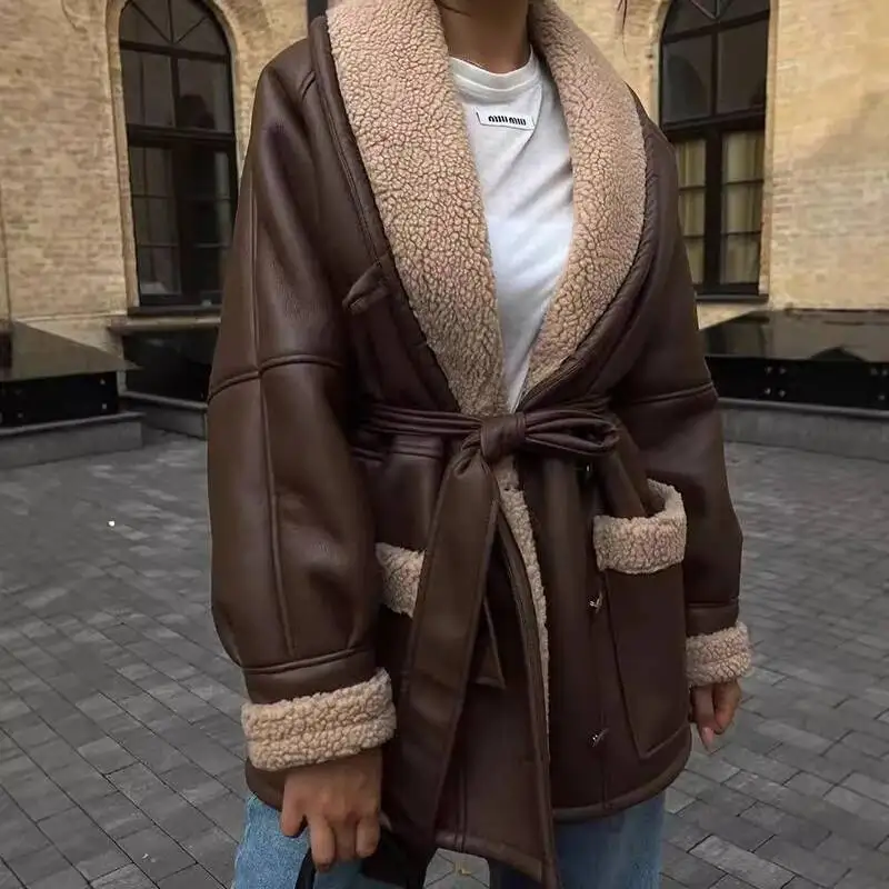 جديد فضفاض الشارع جهين معطف من جلد الغزال المرأة الدافئة الاصطناعي عادية الشتاء المرأة بولي Leather سترة جلدية