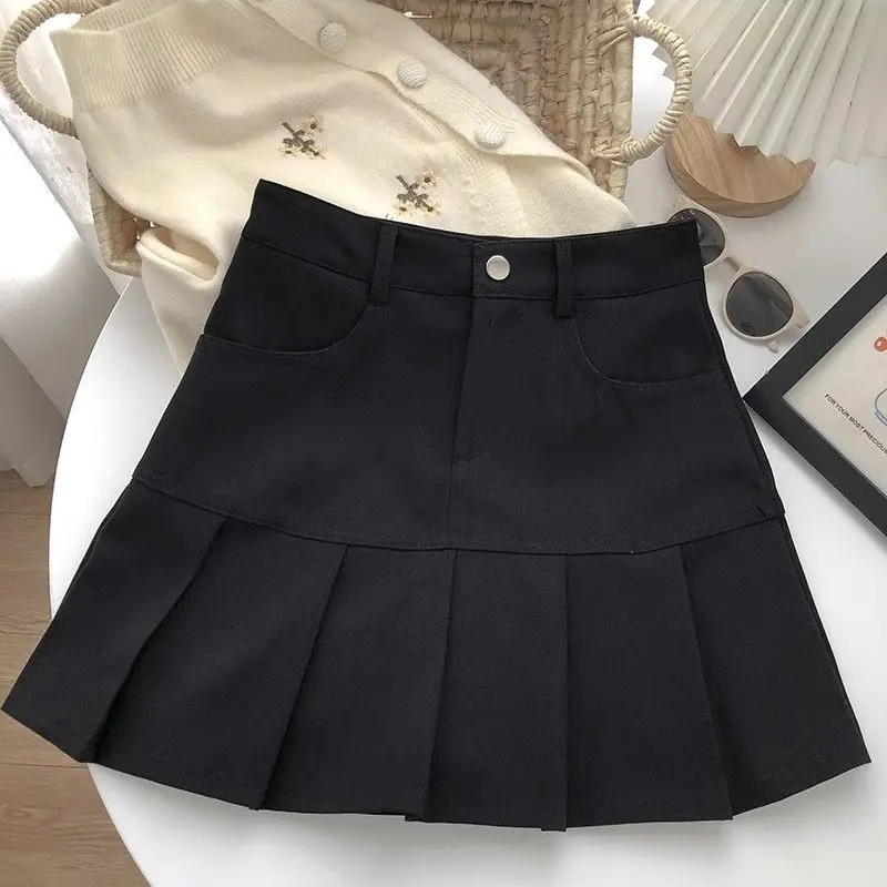 2024 Summer Women's New Spliced High-waisted Button Zipper Pocket Folds Fashion Solid Color Minimalist Casual A-line Half Skirt