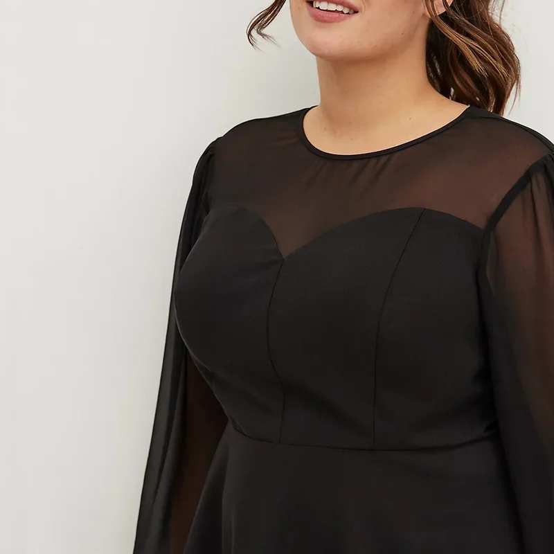 Chemisier péplum à manches longues en mousseline de soie pour femme, haut de bureau, noir, grande taille, 5XL, 6XL, mode élégante, été, printemps