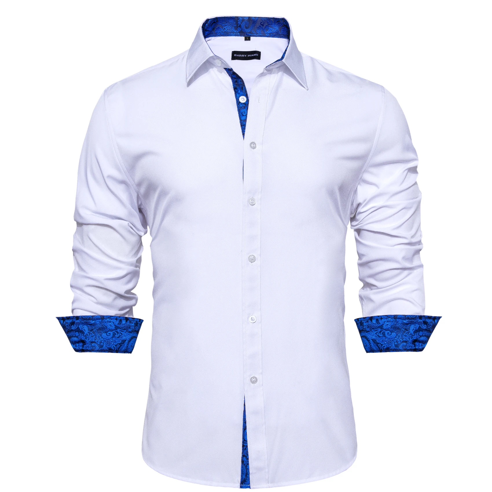 Shirts for Men Long Sleeve Solid White Black Two Colors Patch Slim Fit Male Blouse Casual Tops Cloth Breathable