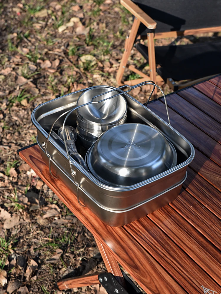 Tableware Portable Set Camping Picnic Soup Bowl Deep Plate Cup Chopsticks Spoon Stainless Steel with Cutting Board