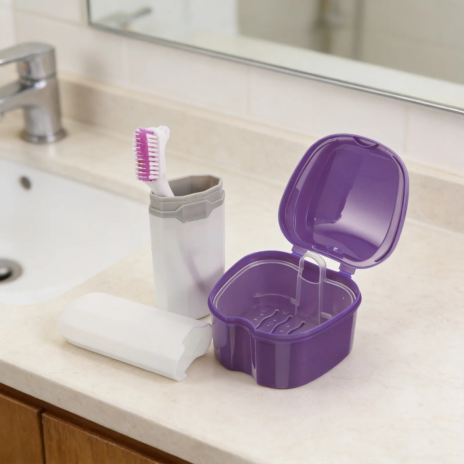 

1Set Denture Care Set Portable Travel Toothbrush Case Leakproof Soft Denture Brush Cover False Teeth Storage Holder