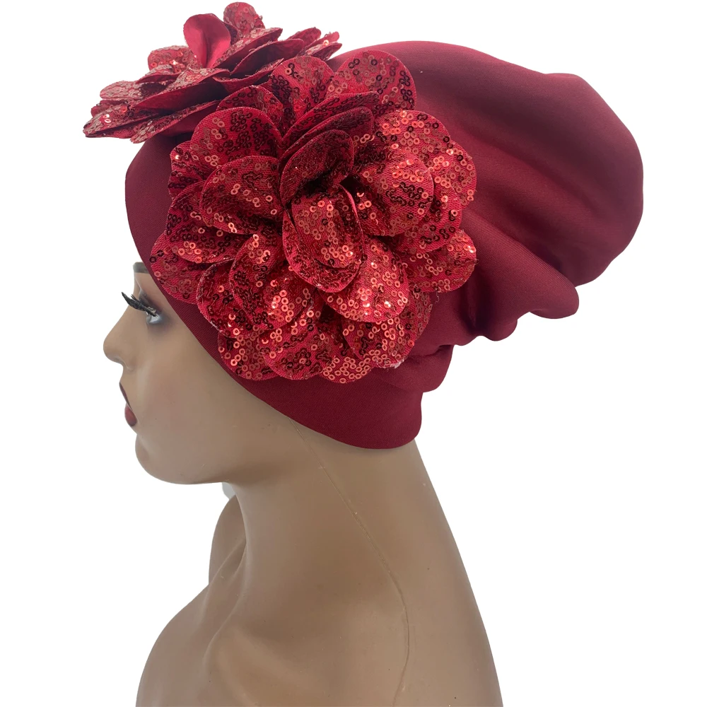 Glitzer Pailletten Blumen Turban Kappen für Frauen Bandana muslimische Kopf bedeckung Motorhaube Hut weiblichen Kopf wickelt afrikanischen indischen Hut