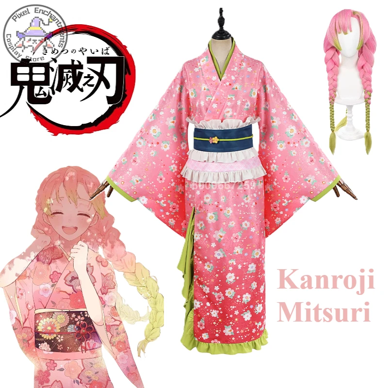 

Kanroji Mitsuri Cosplay Anime Kimetsu No Yaiba Costume Women Pink Kimono Dress Outfits Halloween Carnival Party Disguise Suits