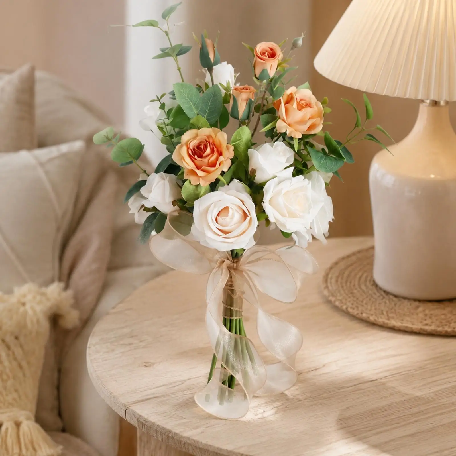 Artificial Rose Bridal Bouquet Silk Flower Arrangement with Tied Ribbon for Wedding Ceremony Carry