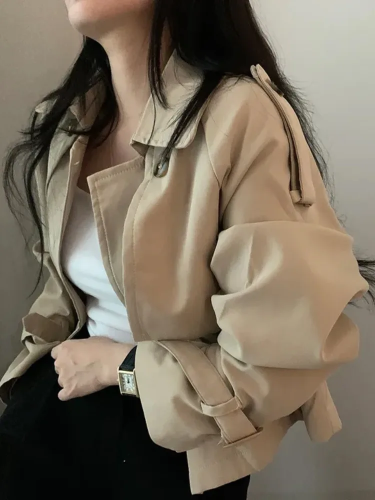 

Chic Vintage ort Coat Jaet with Double Breasted Suit Collar Ele Sve Design Loose Fit Women's Autumn Faion Outerwear