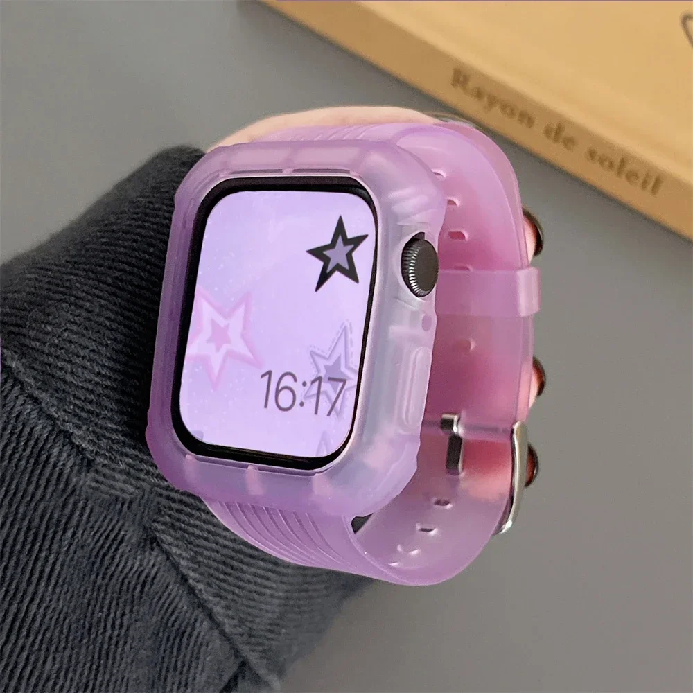 Stripe Sport Matte Band + Case For  Watch 44 45 49 42mm 40/38 For iWatch 7 8 6 5 SE 41 Silicone Women Clear Bracelet Strap