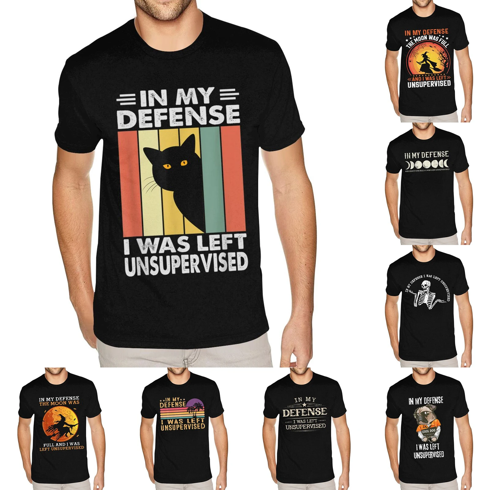 Custom In My Defense I Was Left Unsupervised Funny Naughty Cat T-Shirt for Men Premium Cotton Black Crew Tees Shirts