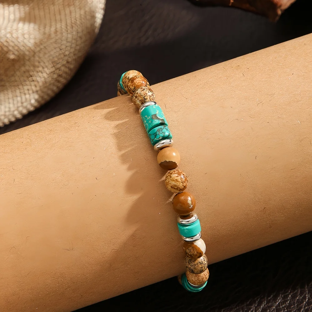 Retro Braunes Naturstein-Kugel-Armband Hip-Hop Herren Elastisches Armband Mode Handgemachter Schmuck Damen Geschenk Accessoires – Detail 3