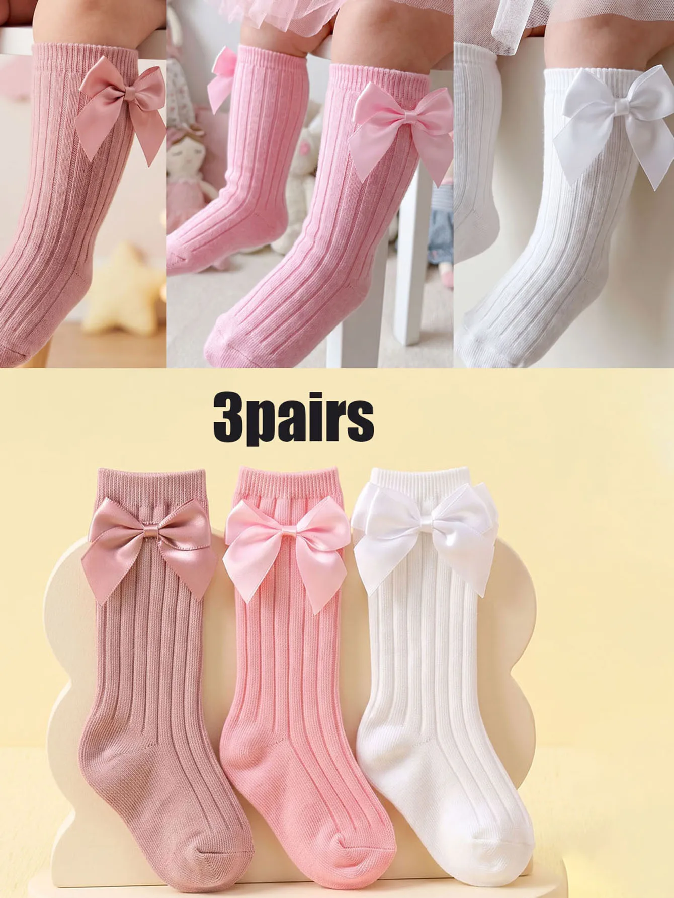 3Pairs 3‑24M Kids Bow Mid Calf Crew Socks Set, Unisex Boys Girls Multi‑Color Cotton Socks for All‑Season Daily Wear