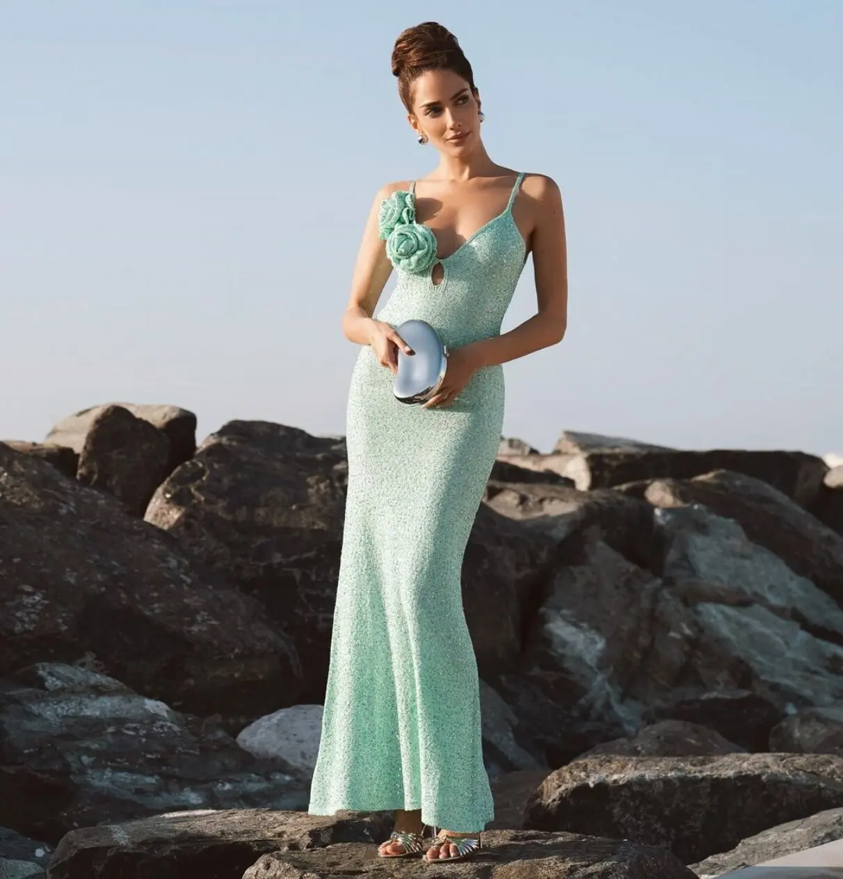 Summer Korean Women Gala Dress Luxury Fashion Turquoise Sleeveless Appliques Slim Sequines Long One Piece Celebrity Evening Gown