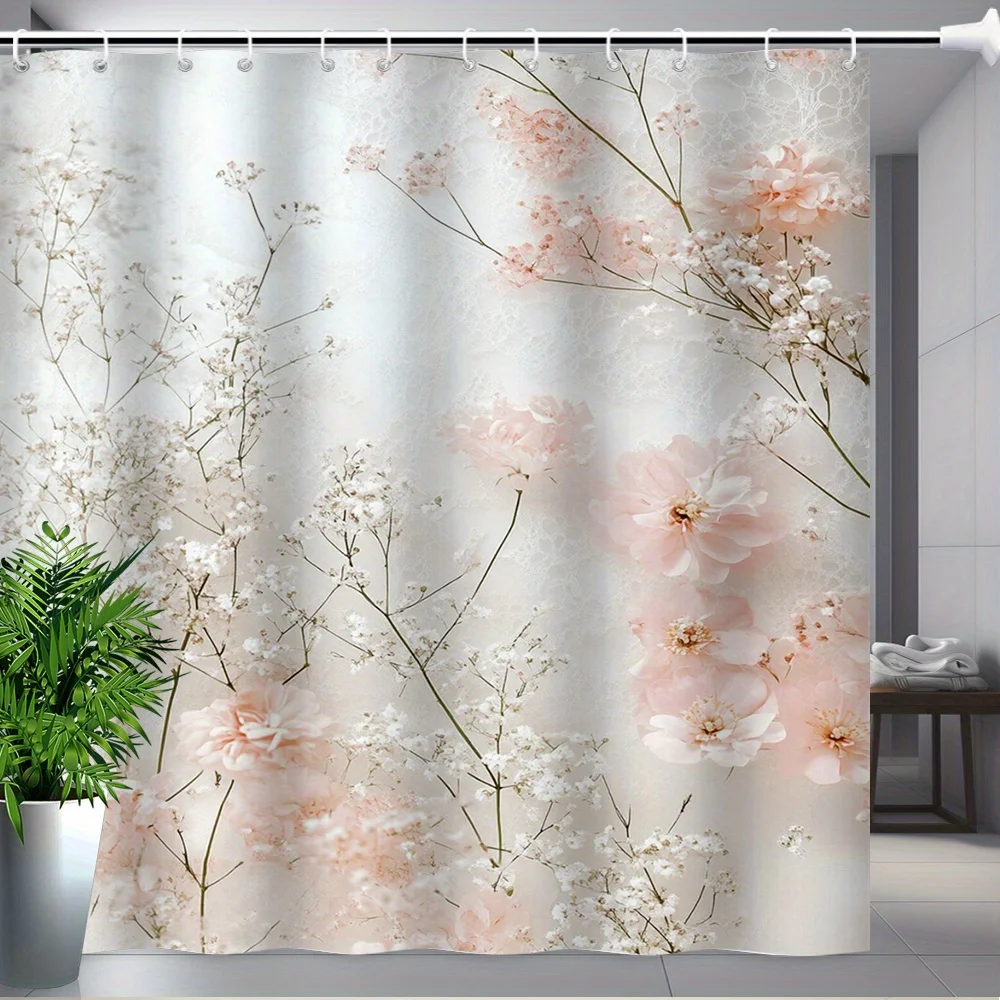 

1pc Romantic Pink Rose and White Lace Pattern Shower Curtain - Polyester Fabric, Machine Washable, Suitable for Bathroom