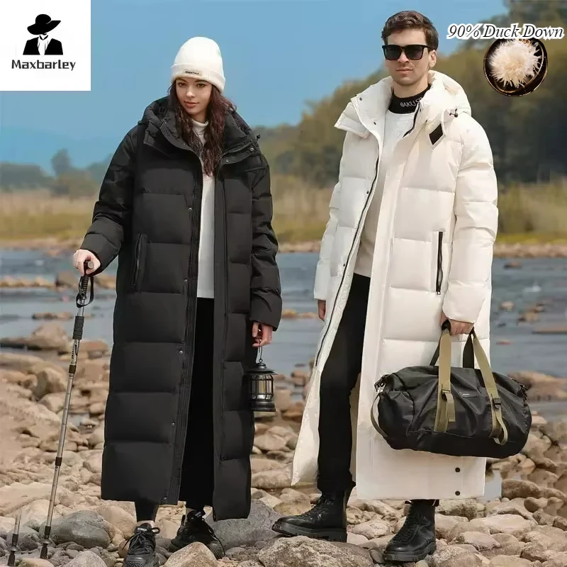 Piumino d'oca di lusso leggero da donna da uomo moda invernale con cappuccio lungo sopra il ginocchio Parka piumino maschile antivento casual