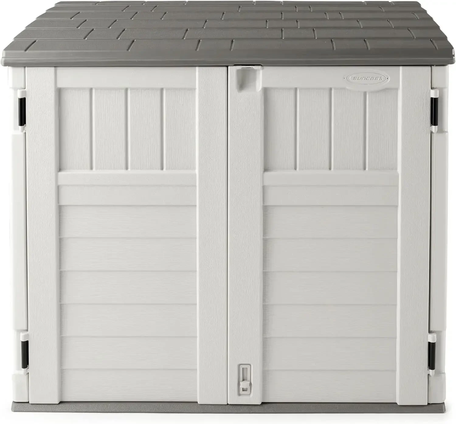 Suncast Horizontal 34 Cubic Feet Plastic Outdoor Storage Shed with Floor and 3 Door Locking System for Backyard,