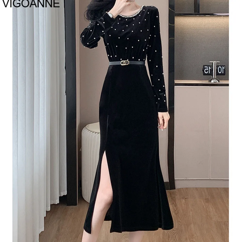 VigoAnne 2025 Spring Autumn Woman Black Velvet Dress Patchwork Slit Long Sleeve Dress Lady Black Evening Party Tight Long Dress