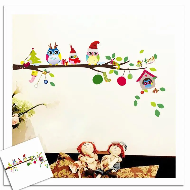 Merry Christmas With Lovely Owlets Wall Stickers For Kids Room Diy Festival Party Decoration Animal Tree Home Decal Wall Art