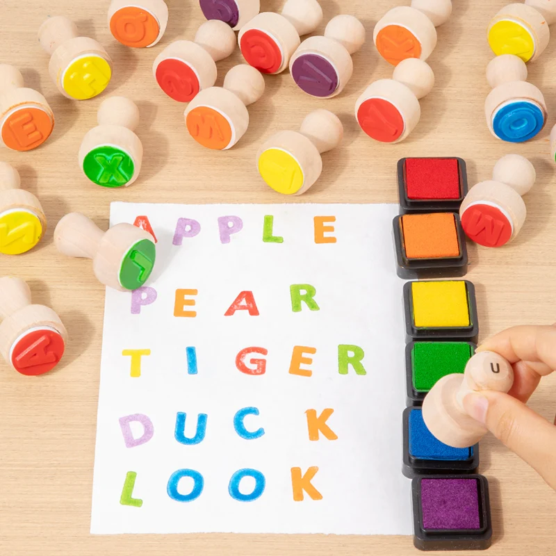 26 Pieces Wooden Alphabet Stamps for Kids Gift Word Spelling Uppercase Letter Learning Toy Educational Toy Wood Letter Stamp Set - view 4