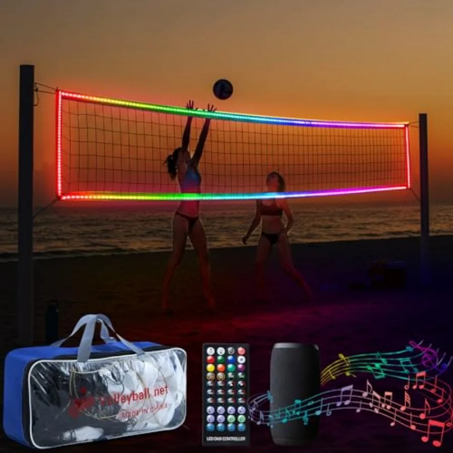 

LED Professional Volleyball Net with Steel Cable 31.2x3.3ft Portable Light up Volleyball Net Outdoor with Remote Control Glow i