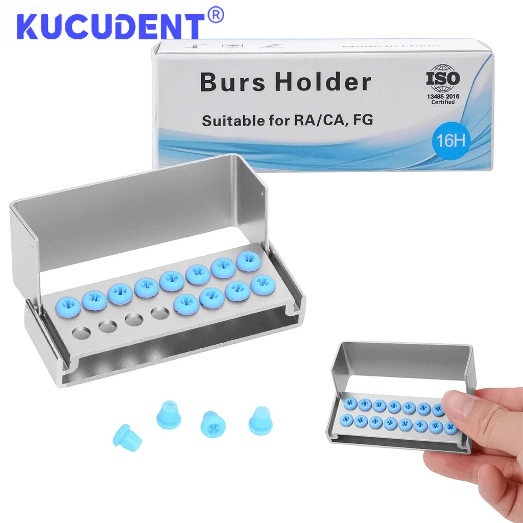 Dental Burs Holder 16 Holes with Silicon Bur Block Box For High/low Speed Burs Autoclavable Case Dentistry Scaler Tips Burs Tool