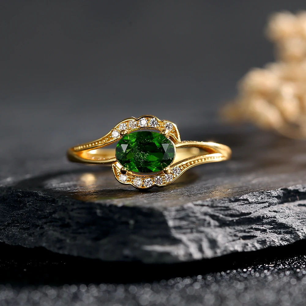 

Original S925 Silver Ring 7*5MM Oval Green Diopside Gemstone Adjustable Gold Plated Open Bnads Handmade Boho Jewelry