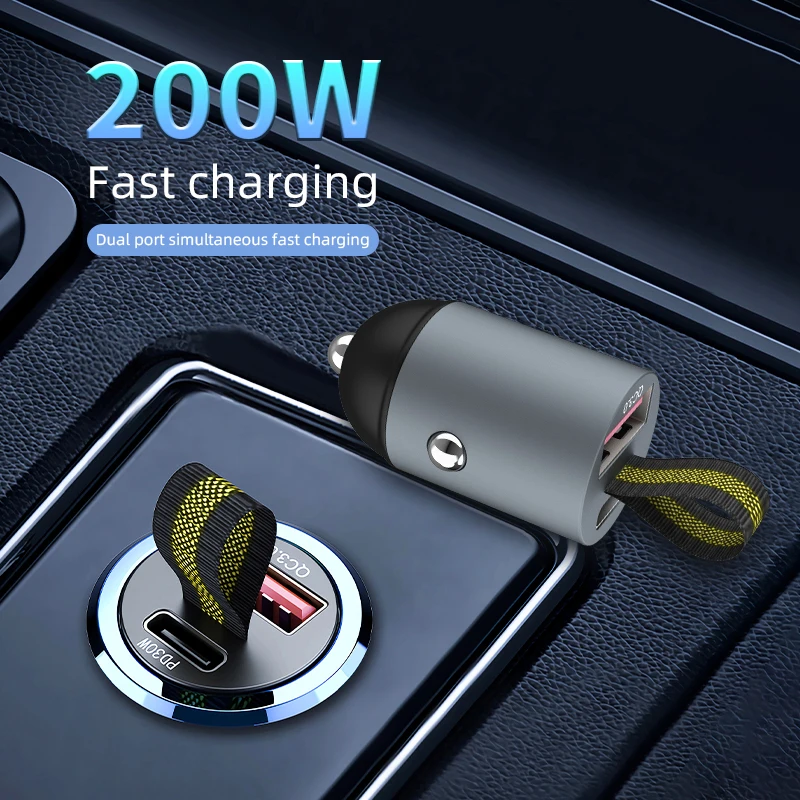 200W Mini USB Car Charger Super Fast Charging Type-C PD Quick Charge Car Phone Charger Adapter for iPhone 15 Huawei Samsung
