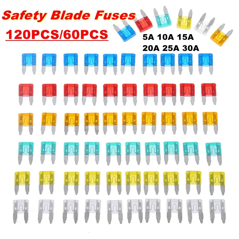 

120PCS/60PCS Auto Car Truck Safety Blade Fuses Accessories Mini Car Styling Fuse Blade 5A 10A 15A 20A 25A 30A Mixed Set Kits