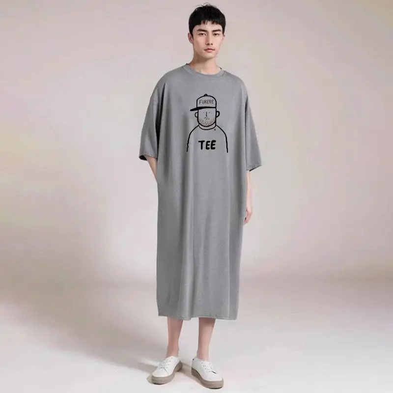 Men's nightgown, nightgown, bathrobe, thin pajamas, men's long over-knee simple loose short-sleeved robe, summer loungewear
