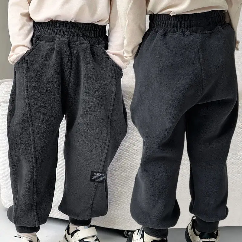 Kids Boys Fleece-lined Sweatpants Thickened One-piece Fleece Pants Autumn Winter Jogger-style Boys Casual Sports Fleece Pants