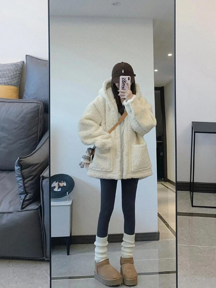 

White Lamb Fur Hooded Jacket Women's Loose Thickened Integrated Particle Velvet American Style Top Autumn Winter New Arrival