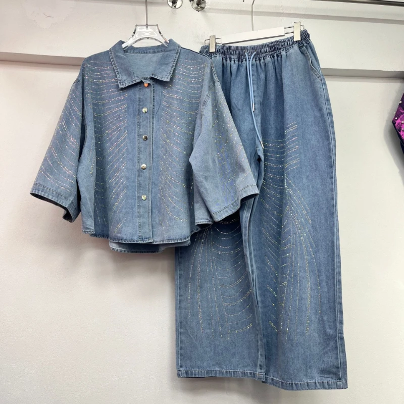 

Denim Pant Set Women Two Piece Sets Turn Down Collar Shirt Hot Drilling Wide Leg Pants Lace Up Elastic Waist Work 2026 Spring