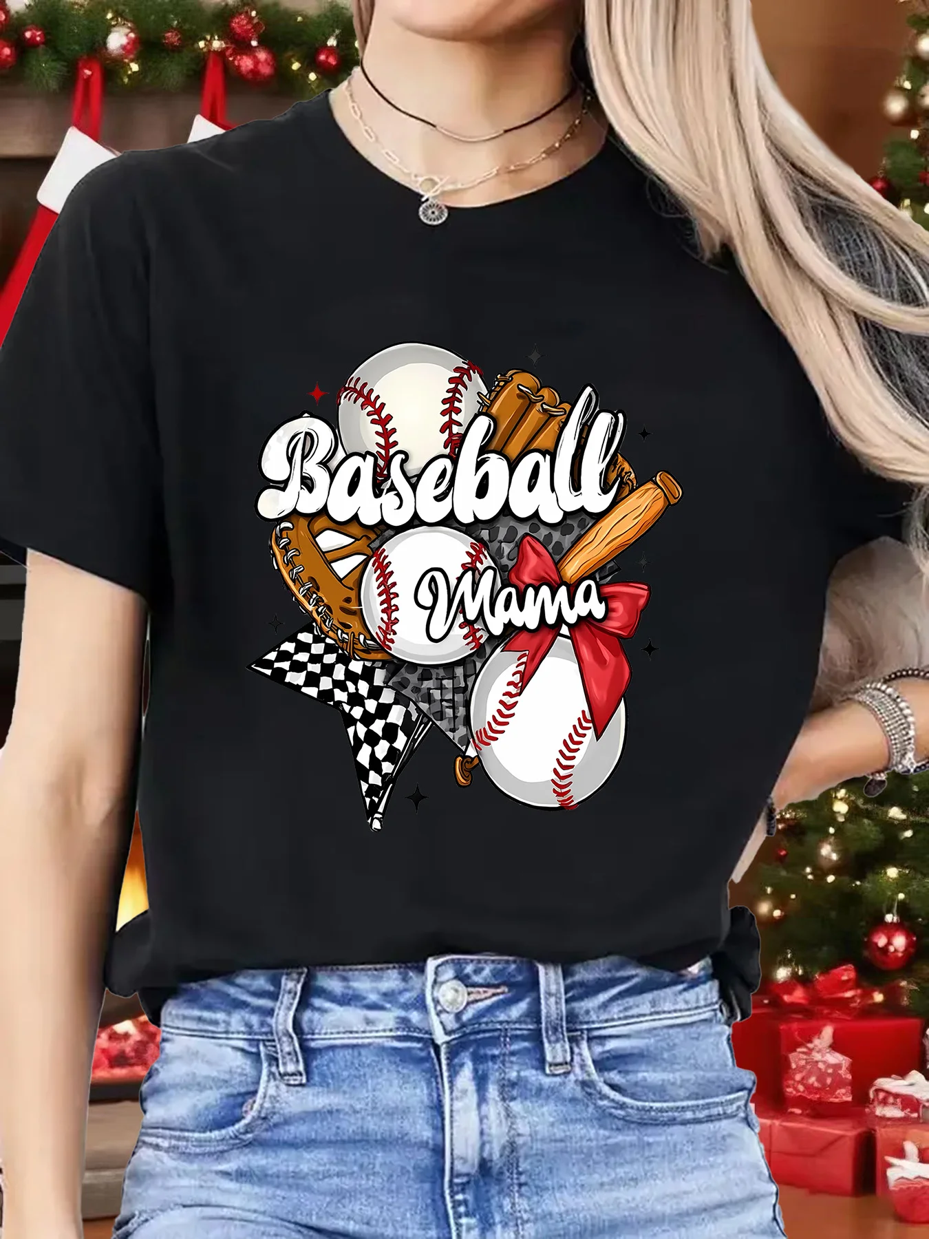 Women Crew Neck Tee Baseball Mama Graphic Print Short Sleeve Loose Ladies Summer Soft Cotton Plus Size Casual Street Top