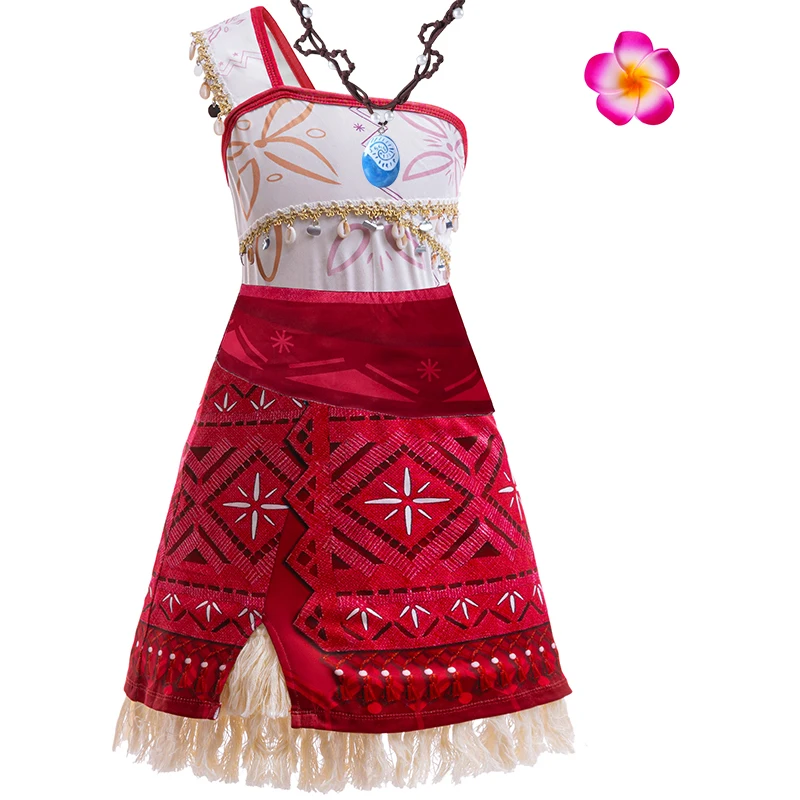 Moana Dress Girls Cosplay Vaiana Princess Kids Shoulder Shell Costume Necklace Wig Pig Doll Carnival Party Vestidos 12T Outfits