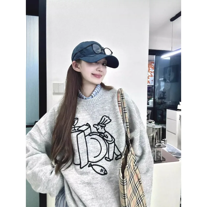 

Lazy Style Gray Sweater Women's Autumn and Winter Versatile Loose Pullover Geometric Contrast Top