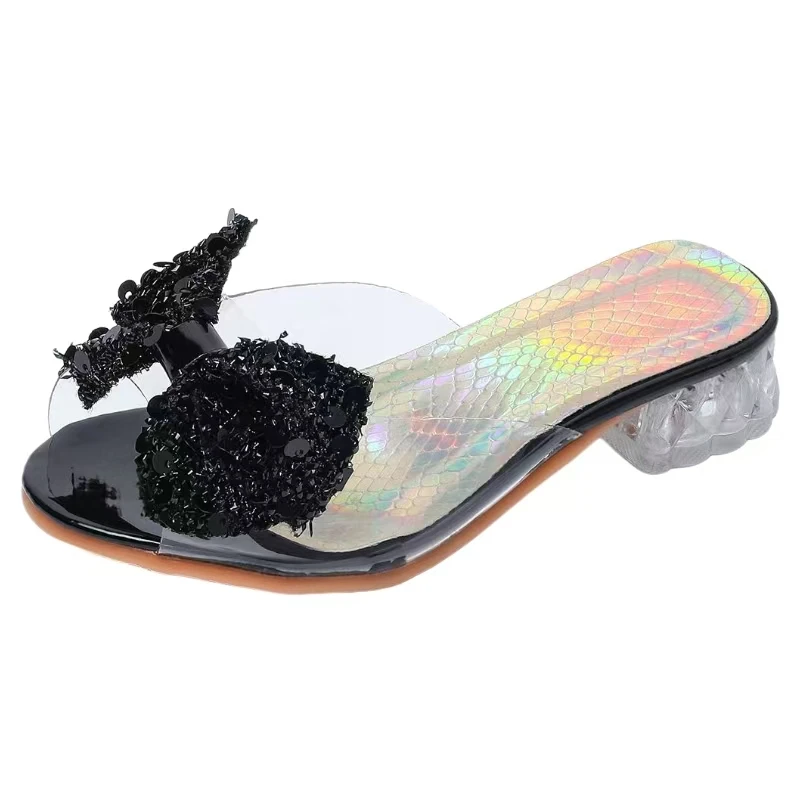 2026 Summer New Girl's Bowknot Crystal Slippers Soft Sole Low Heel Fashionable Outdoor Peep Toe Slippers Sandal Princess Slipper