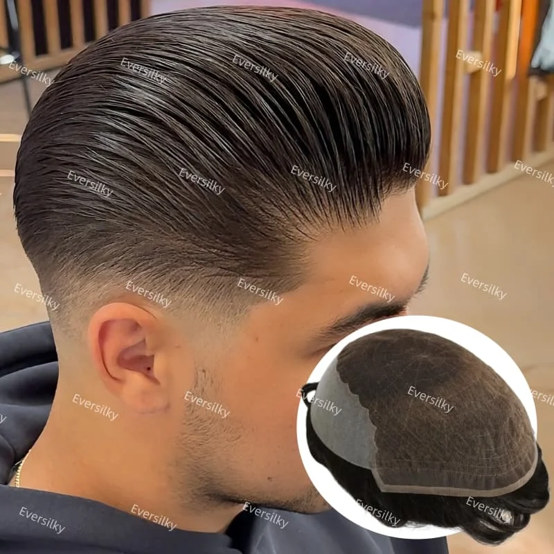 شعر مستعار مريح للرجال q6 يسمح بالتهوية من الدانتيل السويسري والحرير PU دانتيل أمامي للرجال شعر مستعار بدلة غير مرئية بكثافة 110% للرجال #1