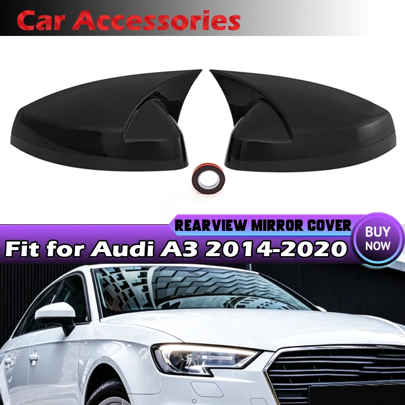 Rhyming 1 Set Adhesive Rearview Mirror Cover For Audi A3 S3 RS3 2013-2020 Glossy Black OX Horn Auto Rearview Mirror Cover Cap