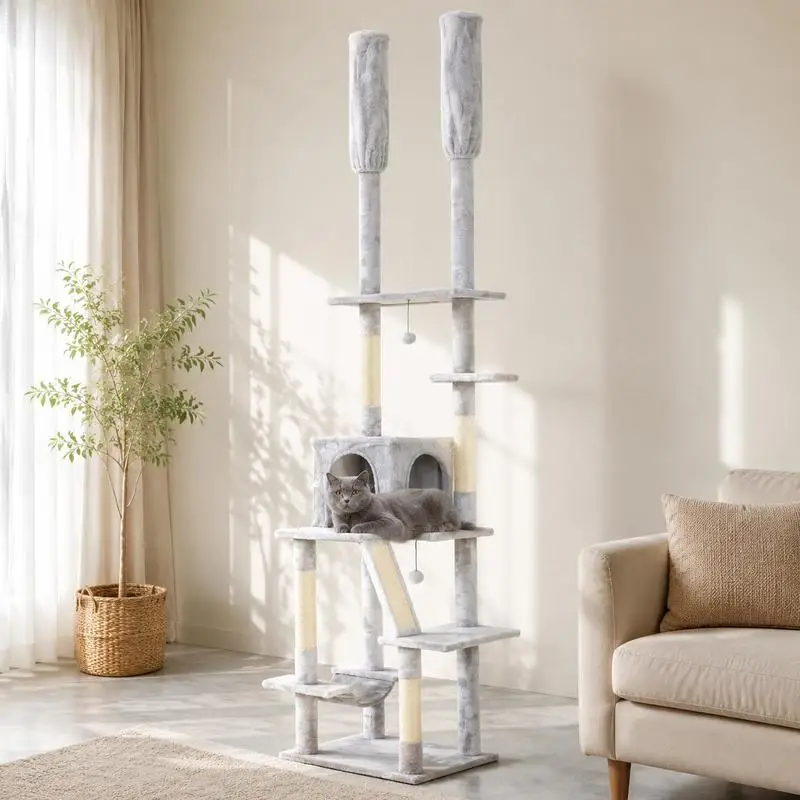 Arbre à chat du sol au plafond, griffoir pour chat, hauteur réglable 225-255 cm, 6 niveaux avec niche et hamac, gris clair. Structure d'escalade pour chat avec éléments de support, idéale pour l'alimentation quotidienne en famille et la création d'espaces d'activités exclusifs pour animaux de compagnie.