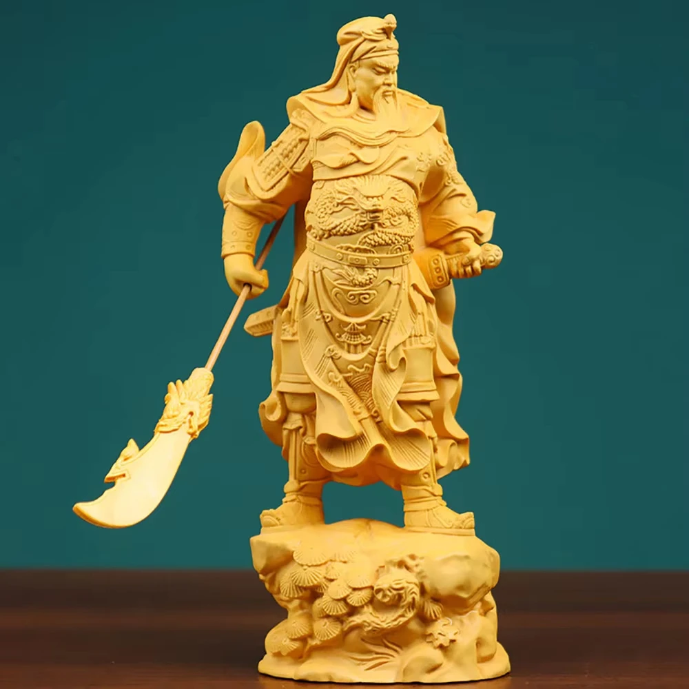 Wooden Guan Gong Home Decor Temple Guan Yu Figurine Boxwood Carving Guangong Ornament God of Wealth Solid Wood Figure Buddha