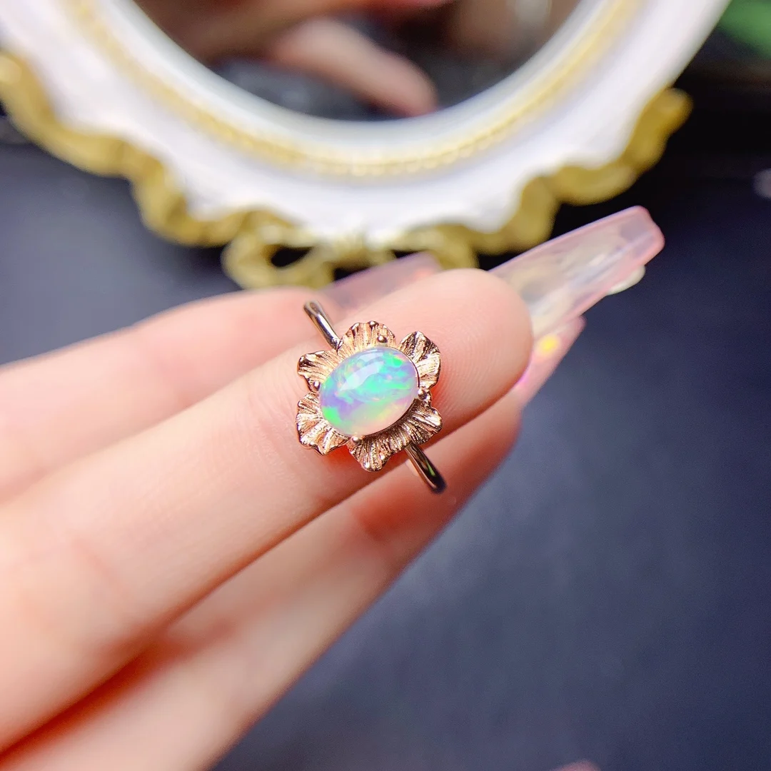 October Birthstone Opal Ring 925 Sterling Silver Natural Opal Solitaire Ring Engagment Silver Women's Leaf Rings
