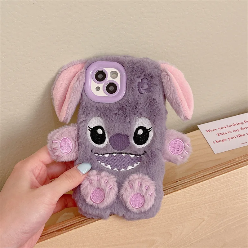 Weiche Plüsch Stich Telefon Fall Für iPhone 16 Pro Max 15 14 13 Plus 12 11 3D Cartoon Pelzigen Stich warme Pelz Haar Abdeckung Fundas