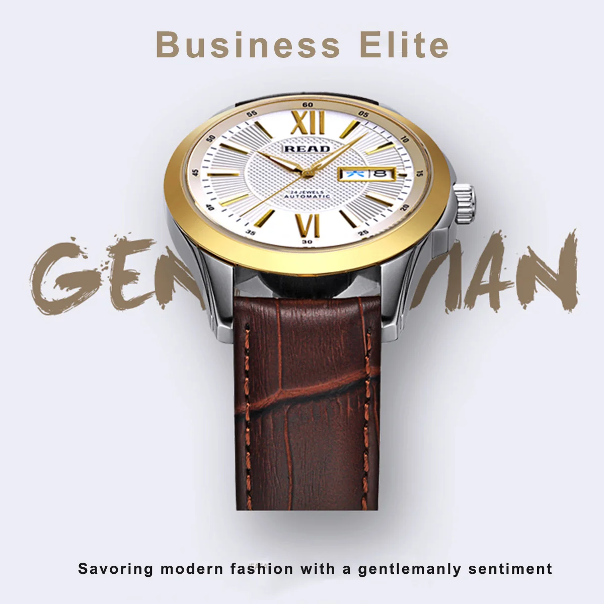 READ Men Automatic Watch | Brown Leather Strap | Two‑Tone Case | Sapphire Glass | Roman Day‑Date Dial | 50M Water Resistant