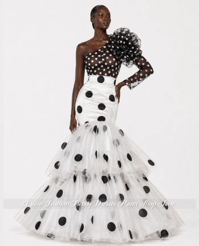 Customized Polka-Dot One-Shoulder Evening Gown Sheer Color-Blocked Mermaid Prom Dress Red Carpet Gown Engagement Dress 2026