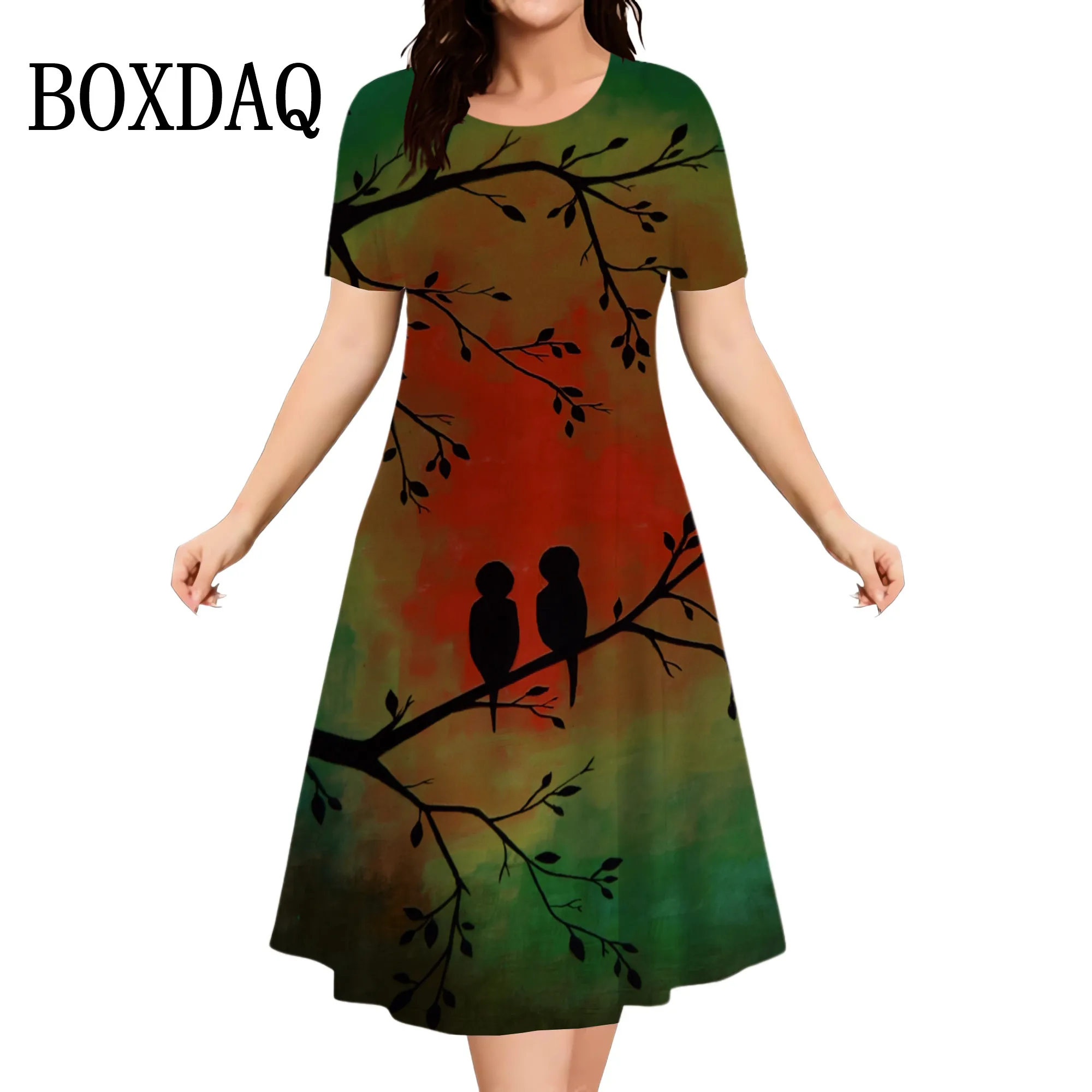 2024 Women'S Dresses Tie Dye Painting Birds Floral Dress Summer Vintage Casual Pullover Short Sleeve Loose Plus Size Midi Dress