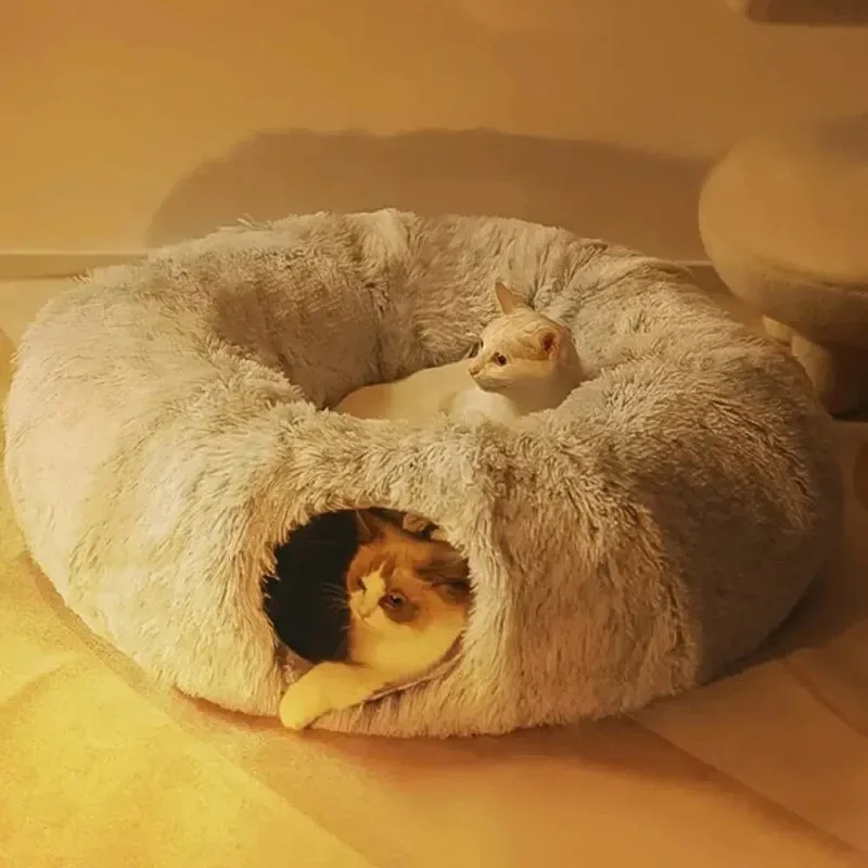 Plush Cat Bed with Tunnel for Indoor Cats Multifunctional Cat Tunnel Bed with Fluffy Donut Cat Bed with Tunnel