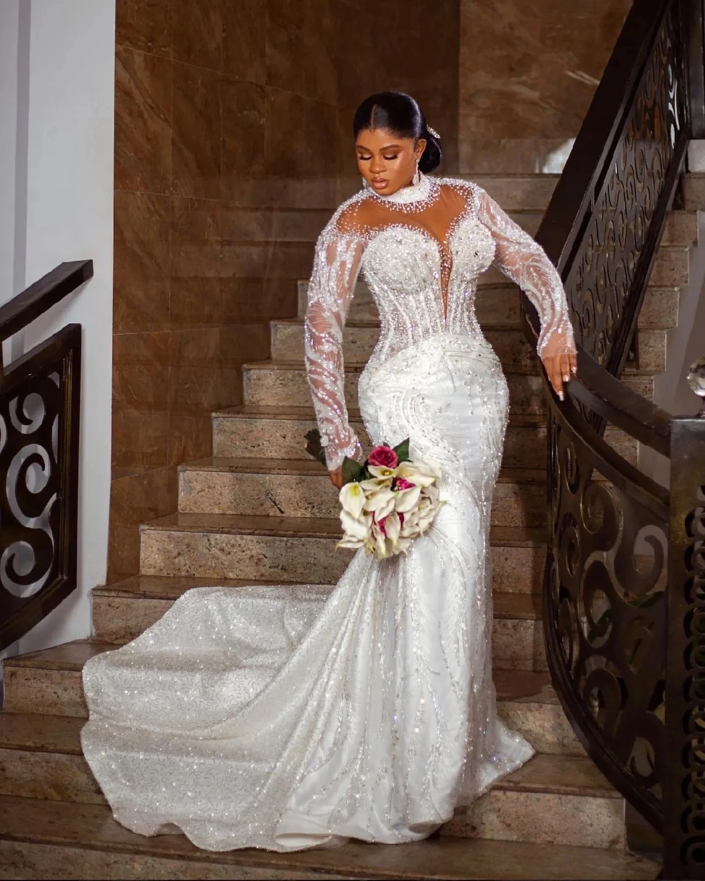 Luxury African Mermaid Wedding Dresses High Neck Long Sleeve Rhinestone Beaded Bridal Dresses Vestidos De Novia 2026 Customized
