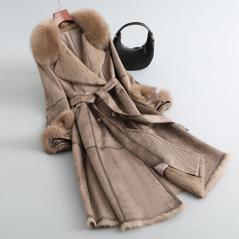 New anti season rabbit fur coat for women, medium to long, fur collar, luxurious warm fur coat