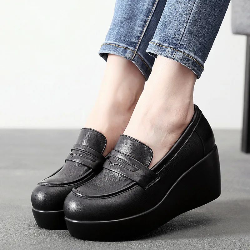 GKTINOO 2024 Genuine Leather Black Shoes Platform Thick Sole Wedges Shoes Woman Heightening Shoes Plus Velvet Winter Shoes