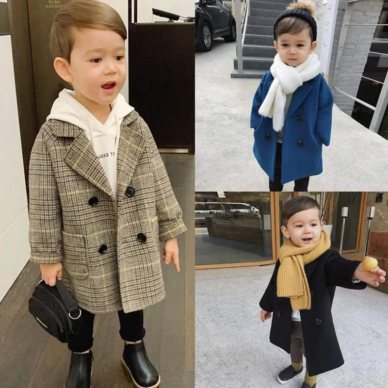 Herbst Winter Jungen Mode Jacke einfarbig Revers zweireihigen langen Woll mantel für 2-6 Jahre Jungen schöne Outwear