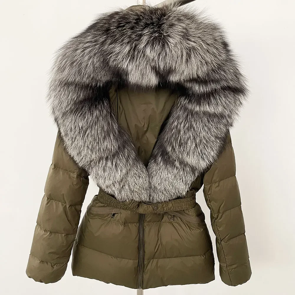 2024 Winter Natural Real Raccoon Fox Fur Collar Jacket Women Hooded White Duck Down Coat Belt Thick Warm Casual Outerwear