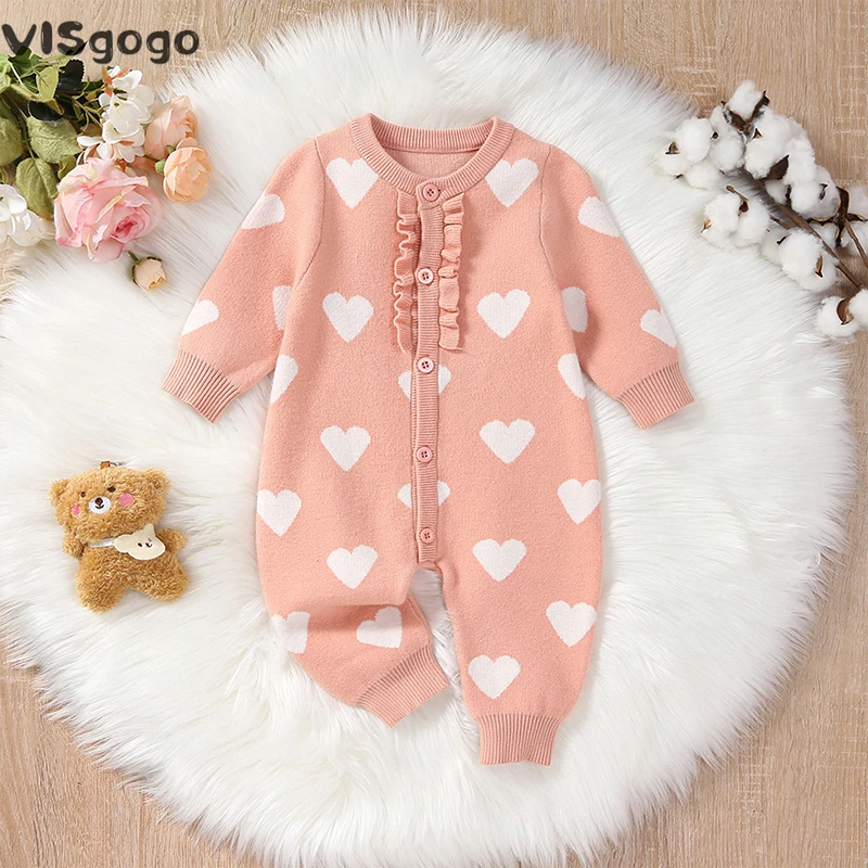 

VISgogo Baby Girls Knit Sweater Romper Heart Print Long Sleeve Jumpsuits for Newborn Infant Valentine's Day Cute Clothes